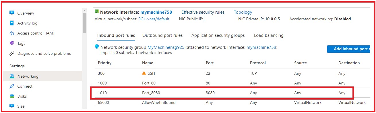Picture showing enabling port 8080 in Azure web portal